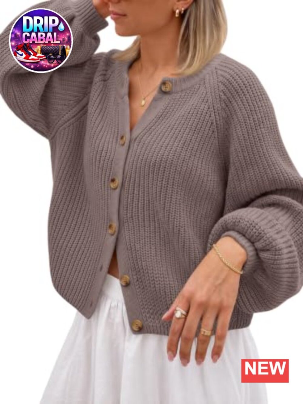 Chunky Knit Cardigan Womens Cotton Blend Balloon Sleeve Sweater